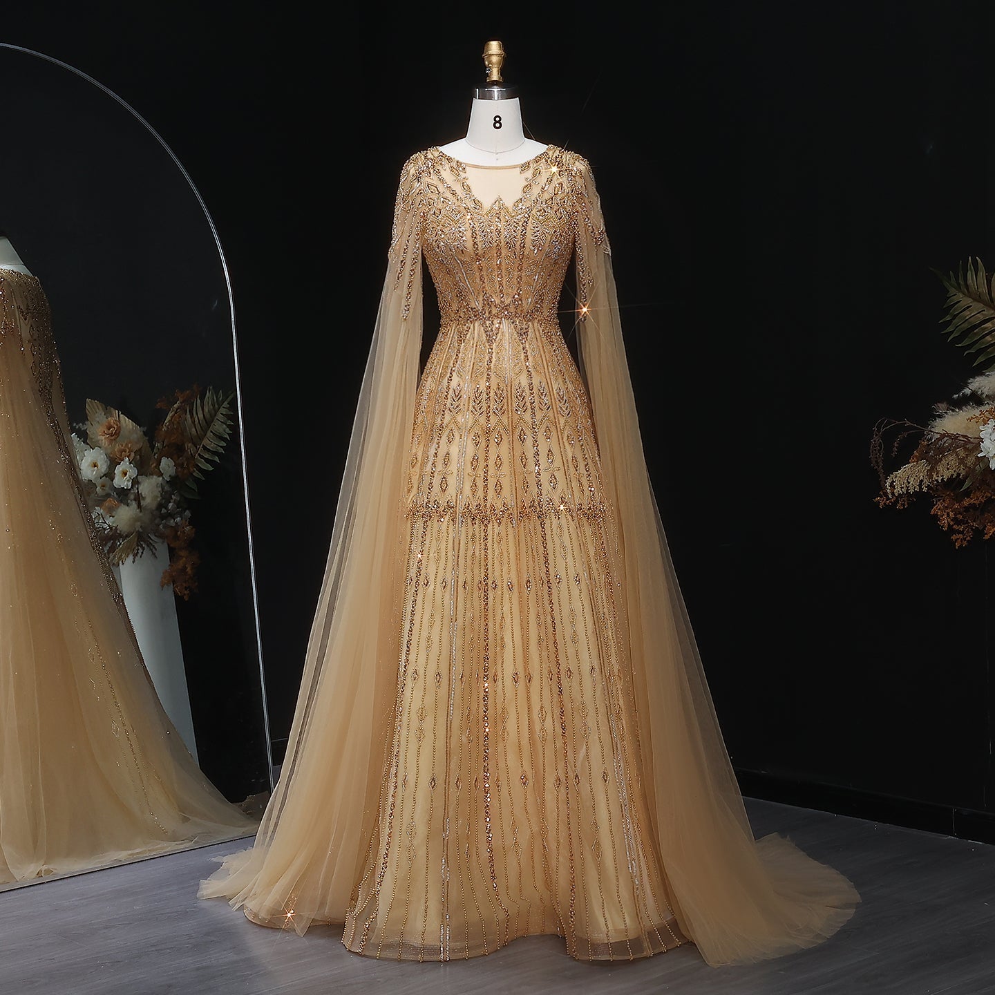 Luxury Blue Evening Dress with Cape Sleeves SS001  Champagne / US 20