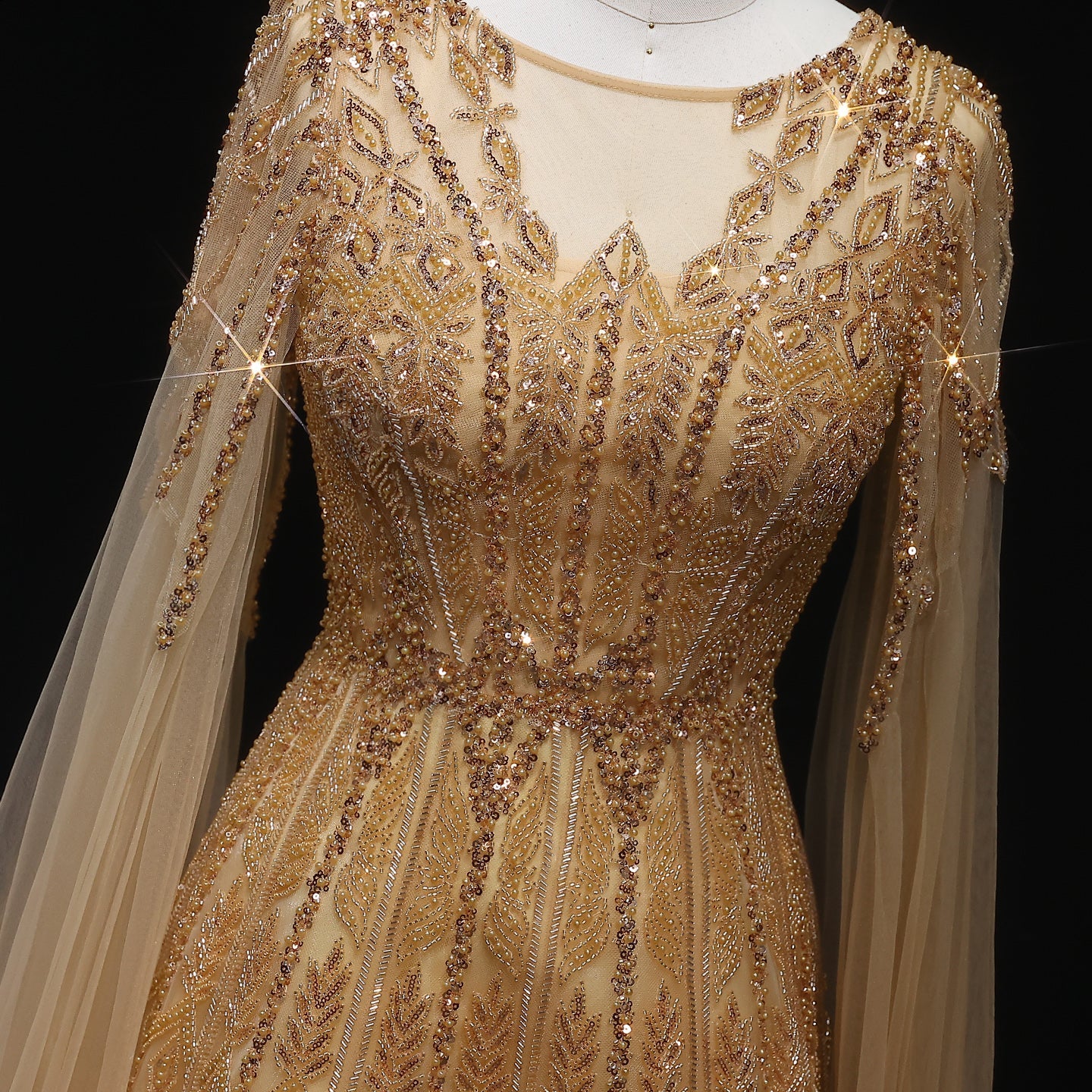 Luxury Blue Evening Dress with Cape Sleeves SS001