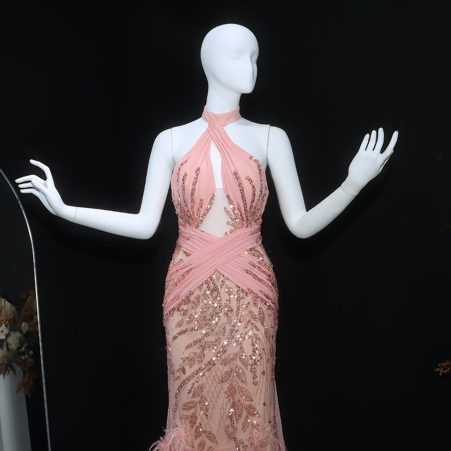 Luxury Halter Feathers Beaded Pink Dress with Overskirt SS576