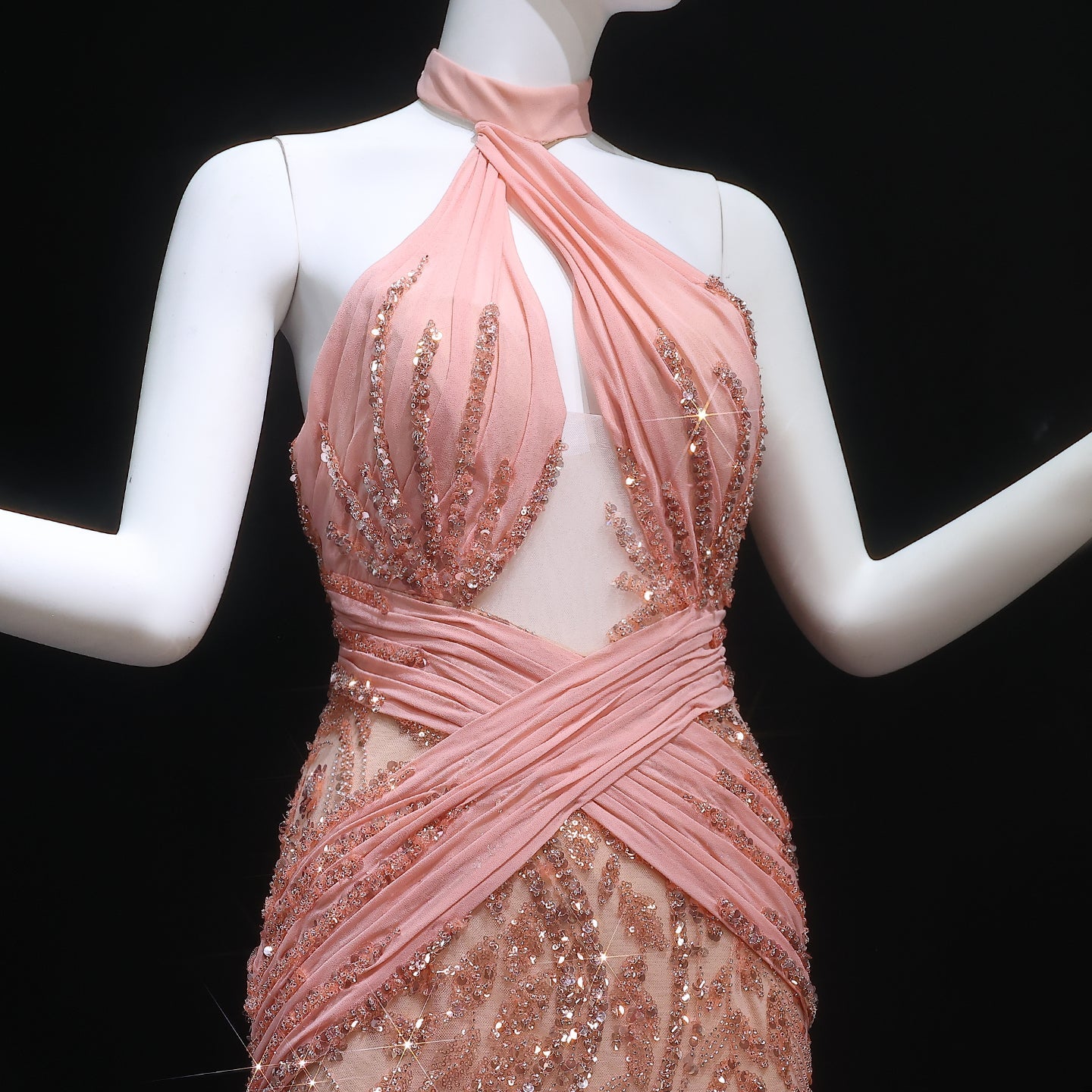Luxury Halter Feathers Beaded Pink Dress with Overskirt SS576