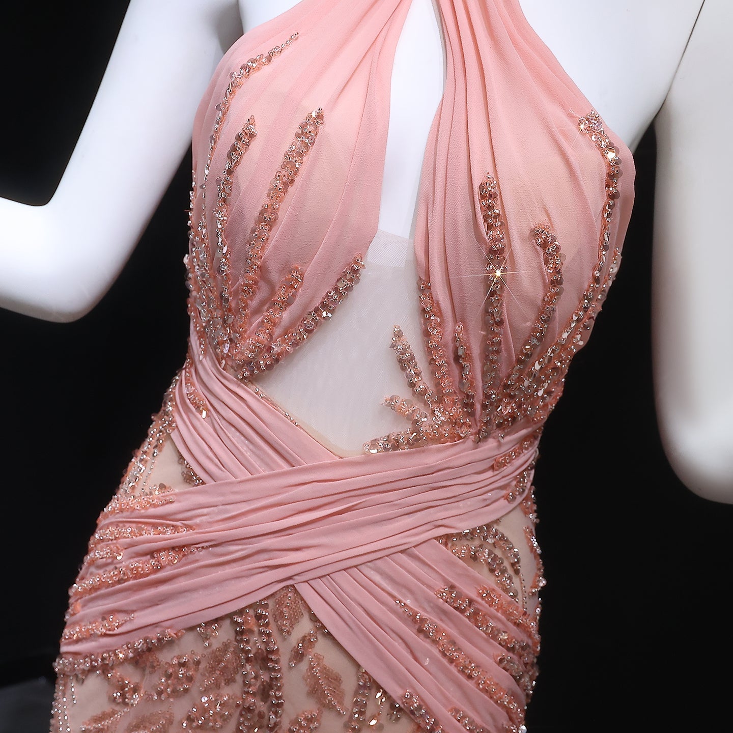 Luxury Halter Feathers Beaded Pink Dress with Overskirt SS576