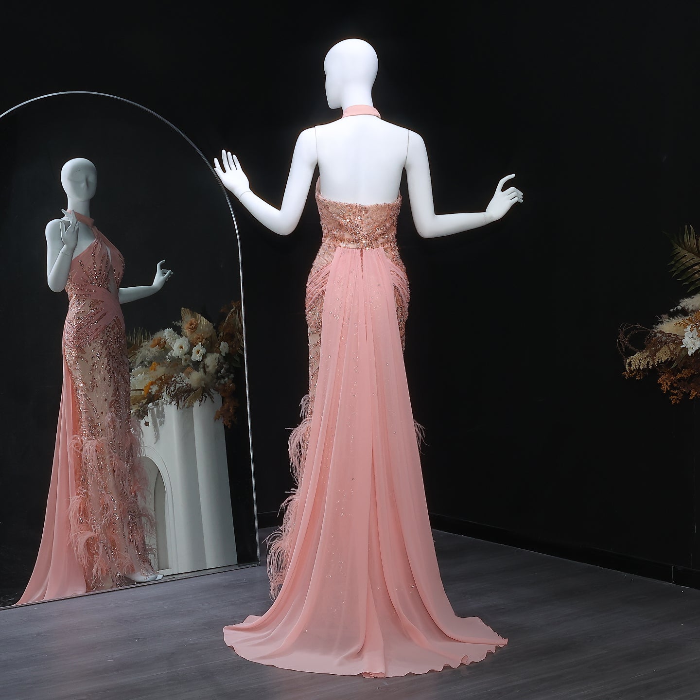 Luxury Halter Feathers Beaded Pink Dress with Overskirt SS576