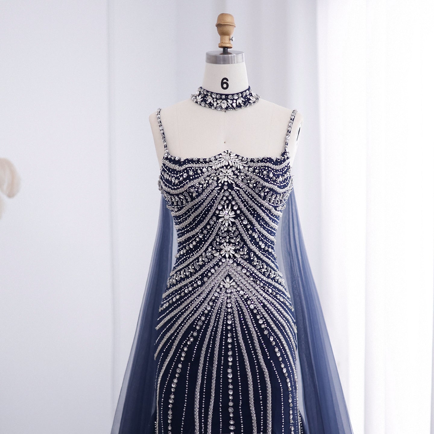 Luxury Navy Blue Mermaid Evening Dress with Chocker Cape SS325