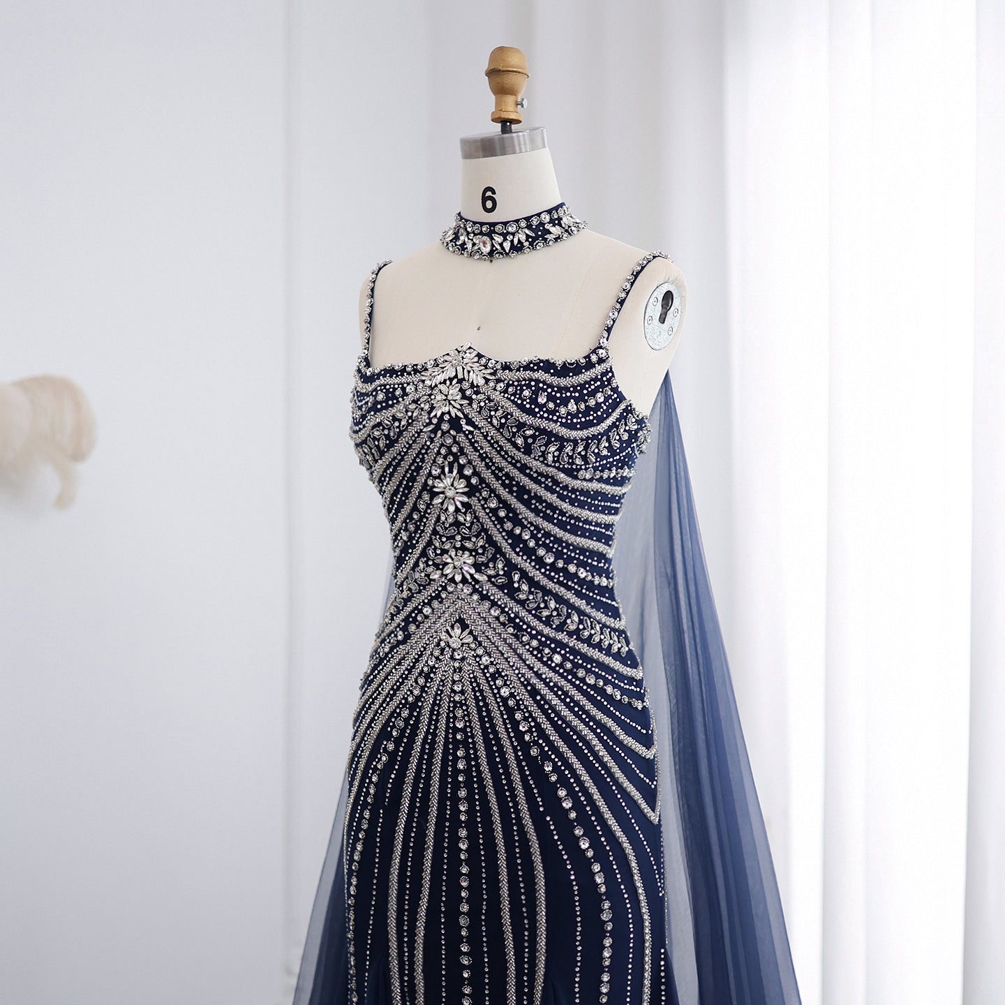 Luxury Navy Blue Mermaid Evening Dress with Chocker Cape SS325