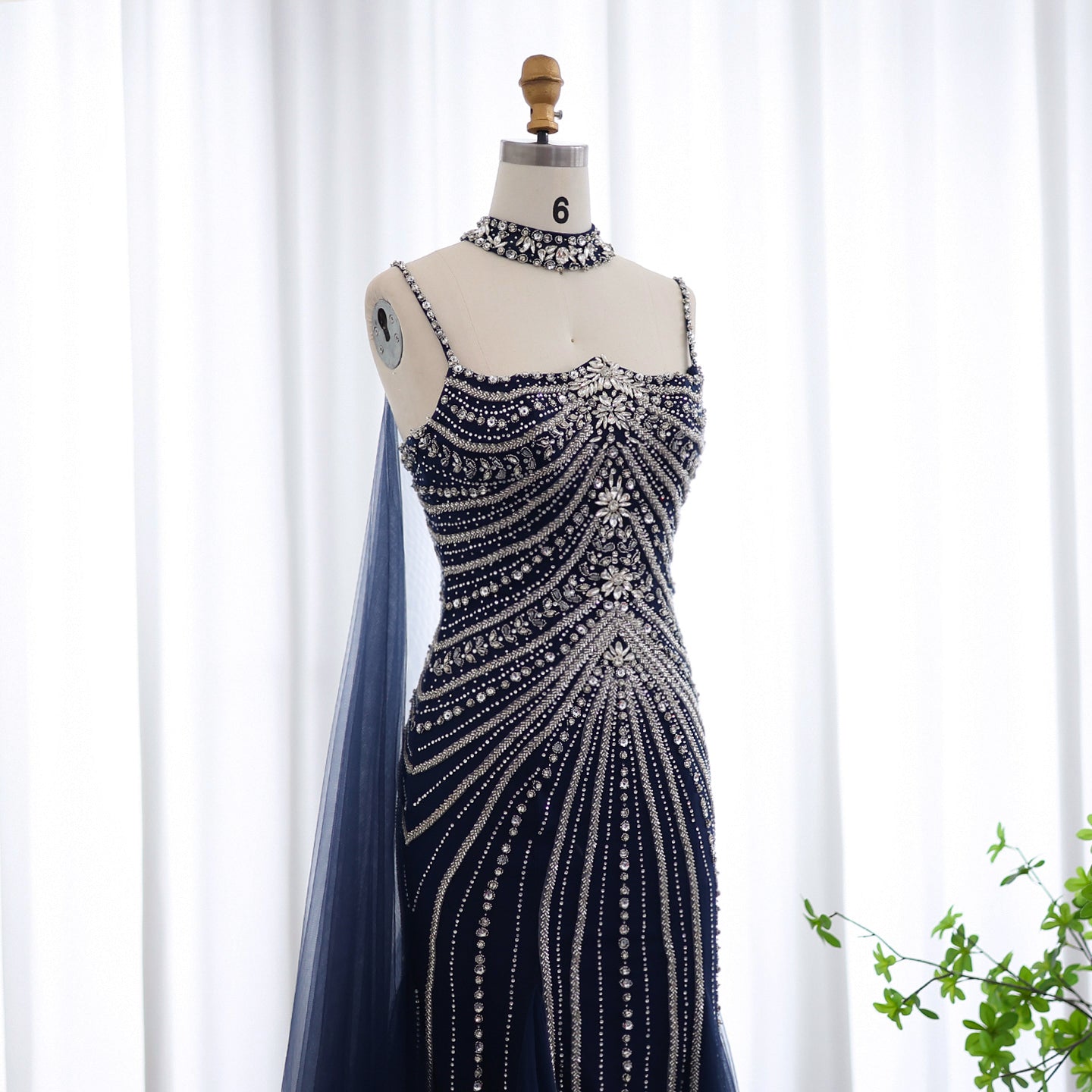 Luxury Navy Blue Mermaid Evening Dress with Chocker Cape SS325