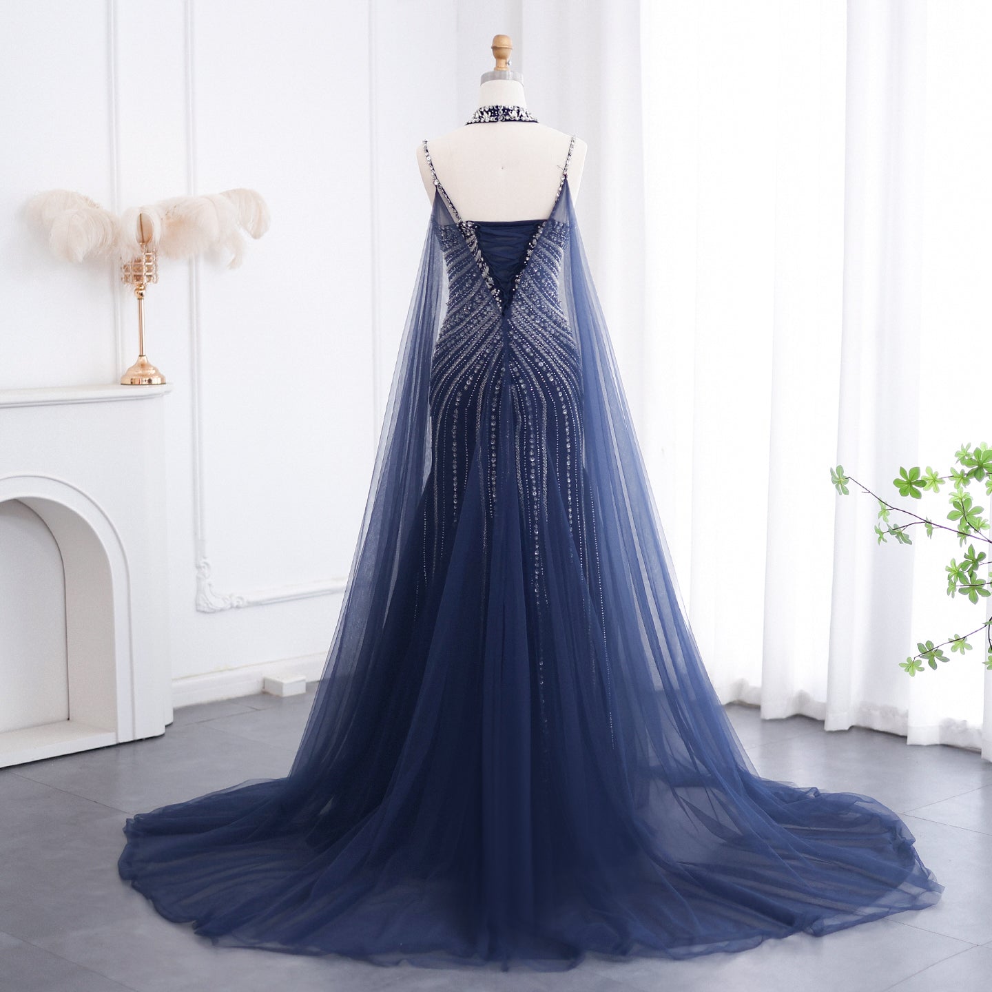 Luxury Navy Blue Mermaid Evening Dress with Chocker Cape SS325