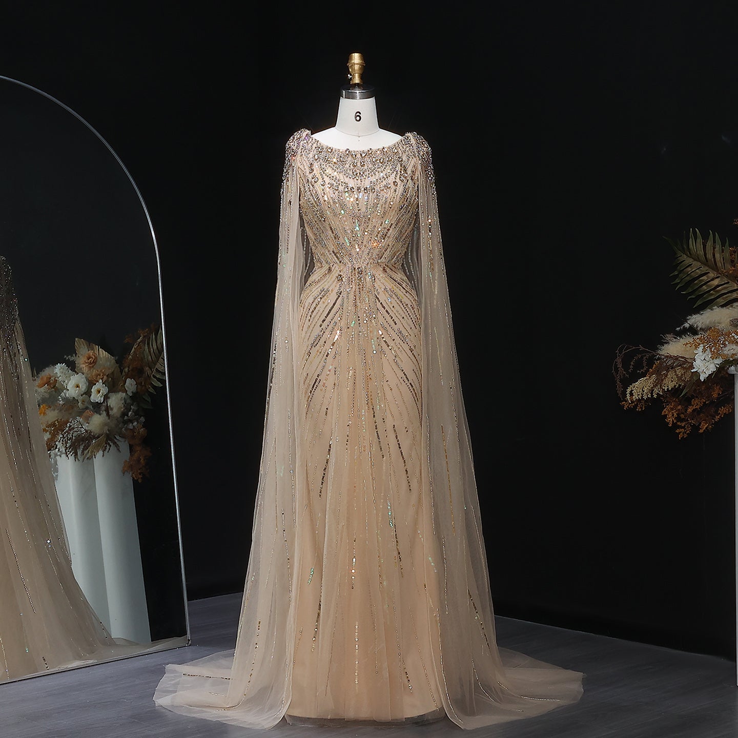 Luxury Crystal Lilac Evening Dress with Cape Sleeves SS549  Gold / US 20