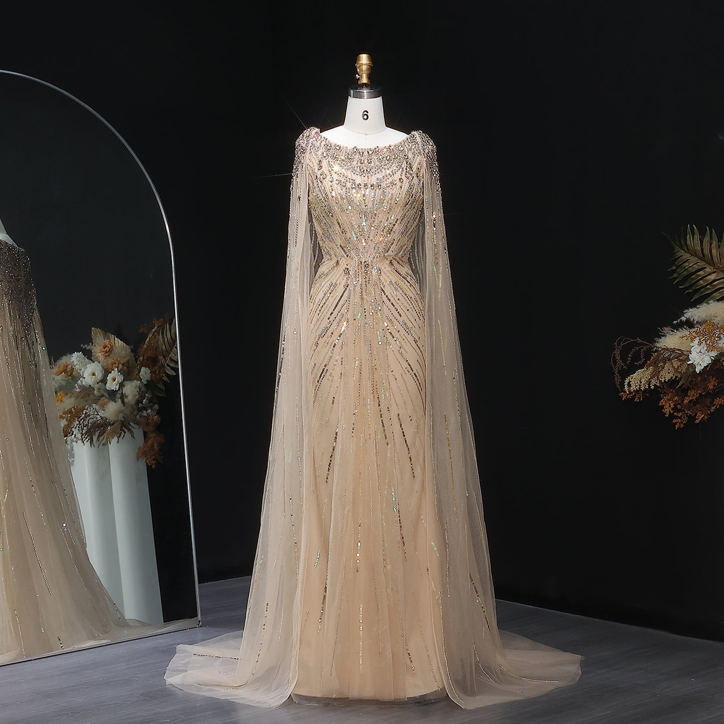 Luxury Crystal Lilac Evening Dress with Cape Sleeves SS549