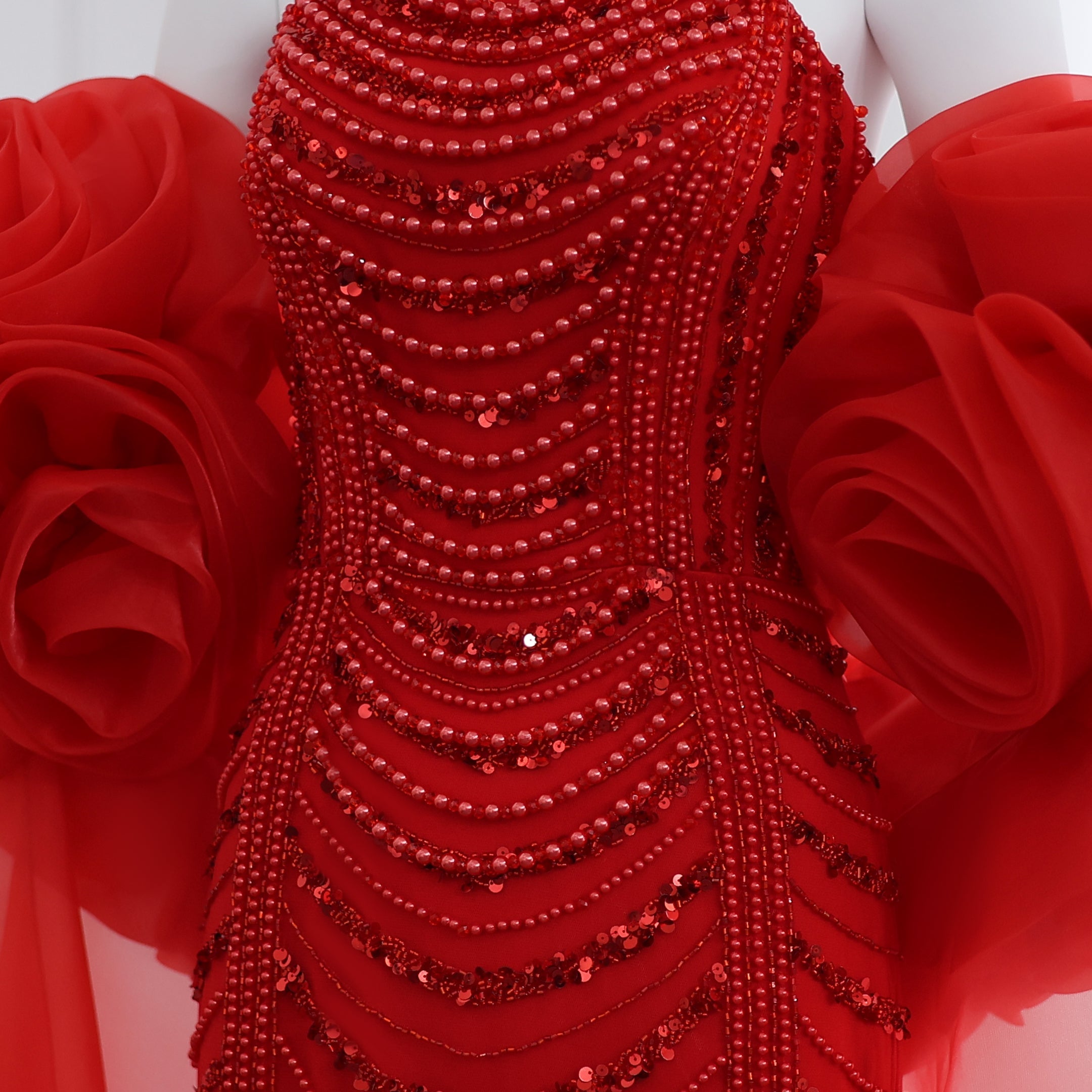 Luxury Pearl Red Evening Dress with 3D Flowers Cape SS585