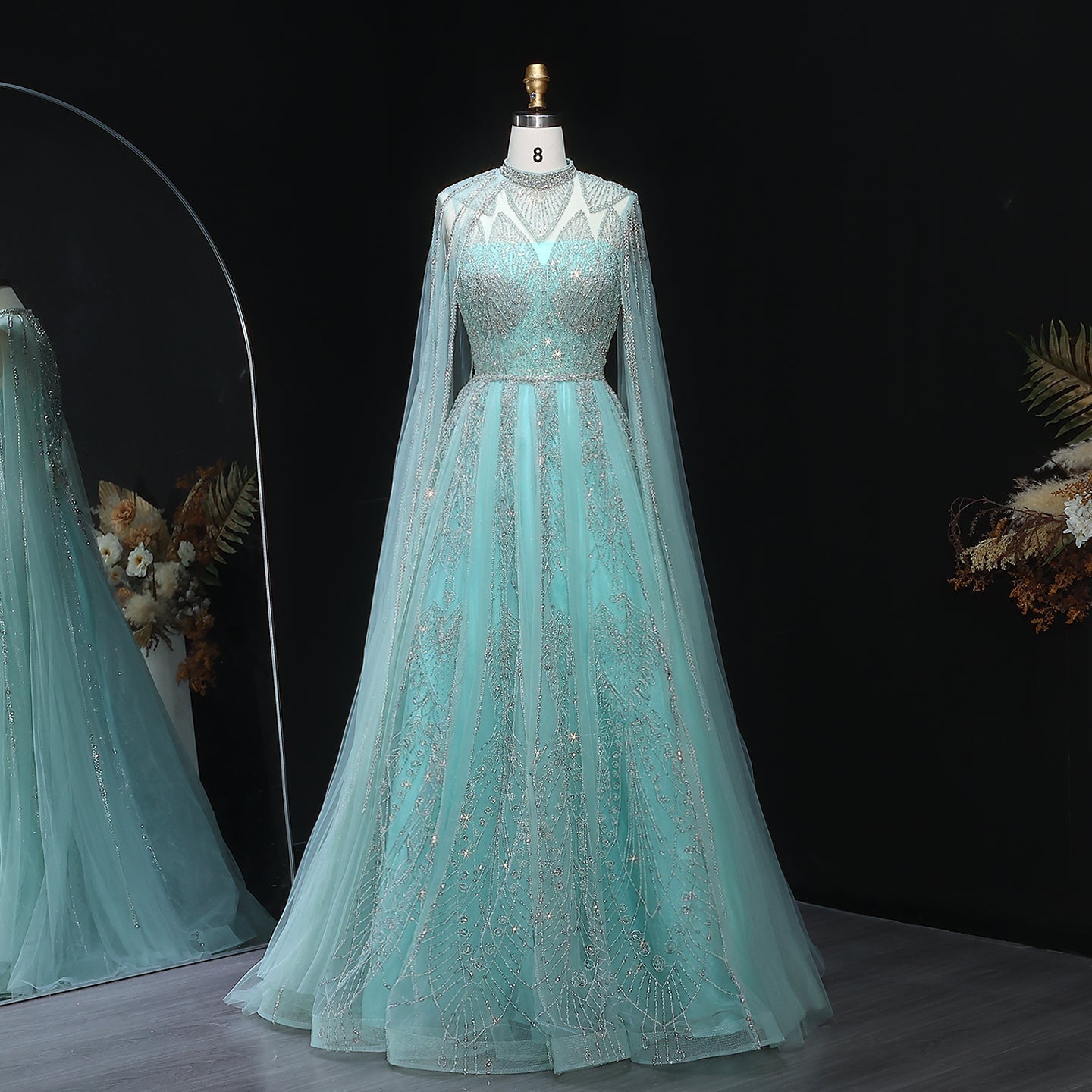 Luxury Pink Evening Dress with Cape Sleeves SS050  Green / US 20