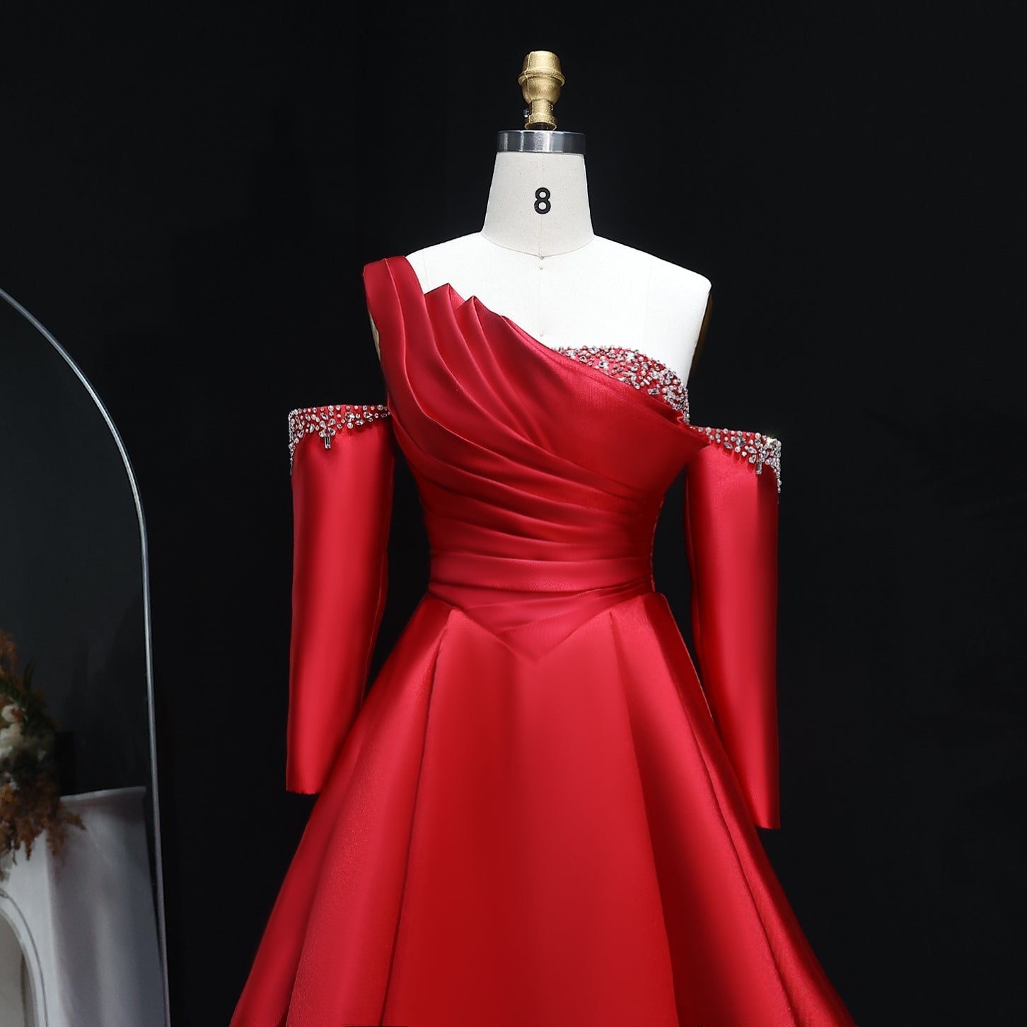 Elegant Black Satin Crystal One Shoulder Evening Dress SF272