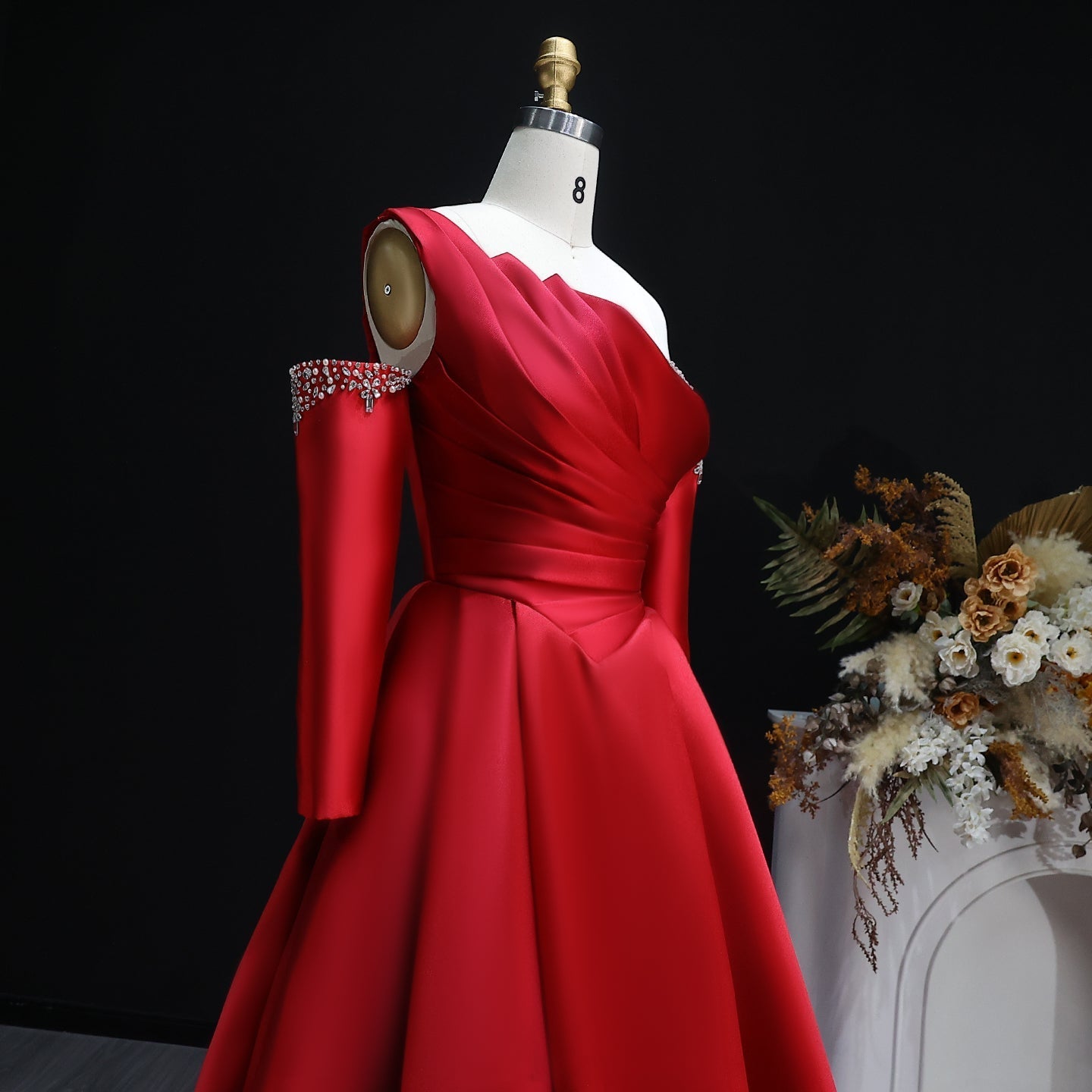 Elegant Black Satin Crystal One Shoulder Evening Dress SF272