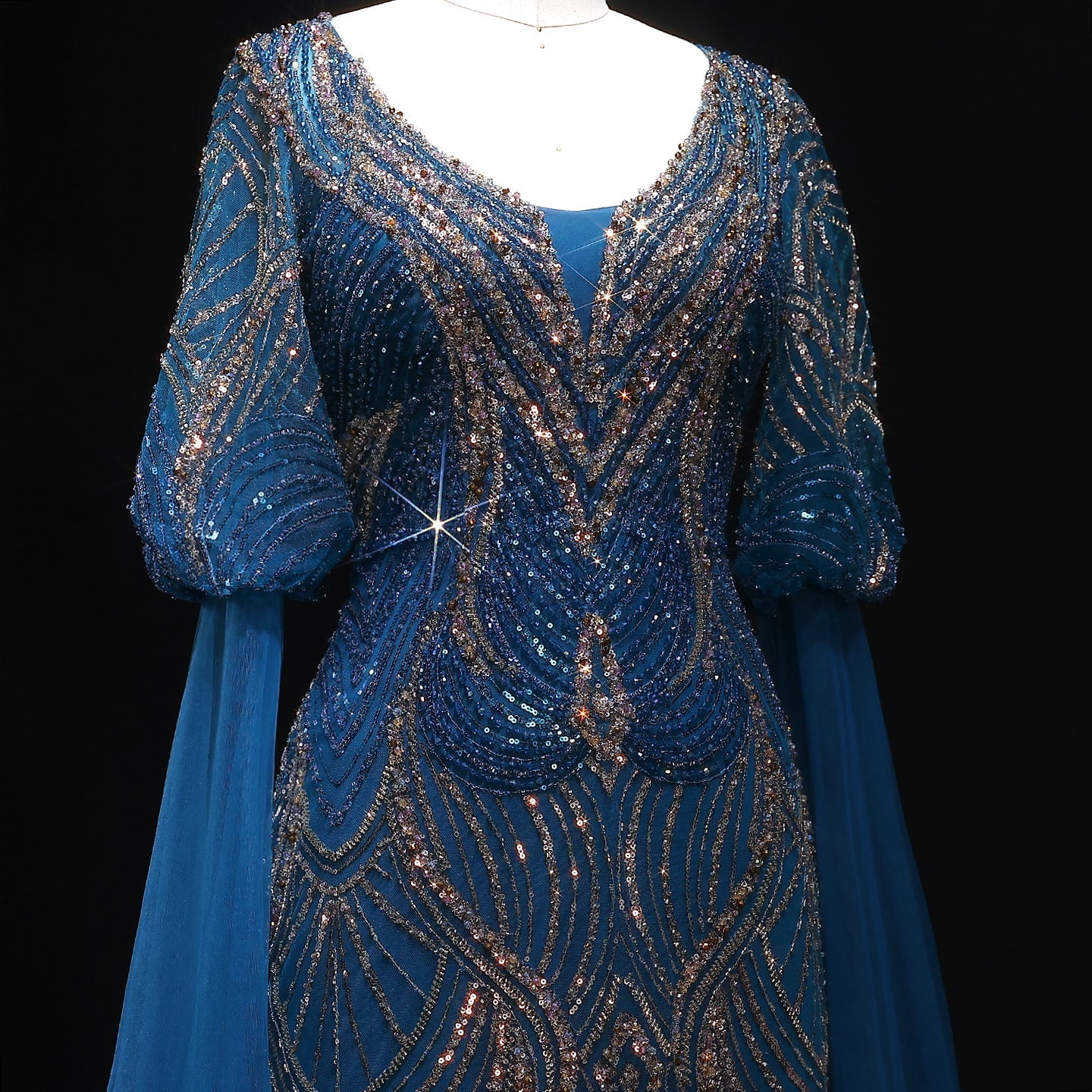 Stunning Blue Embellished Evening Dress with Flowing Sleeves SS038