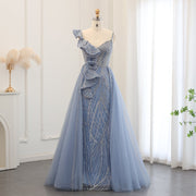 Elegant Spaghetti Blue Mermaid Evening Dress with Overskirt SS095  Blue / US 20