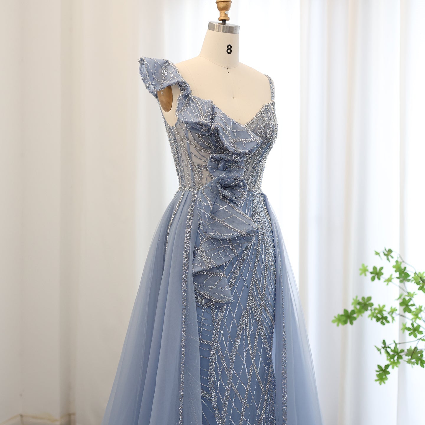 Elegant Spaghetti Blue Mermaid Evening Dress with Overskirt SS095