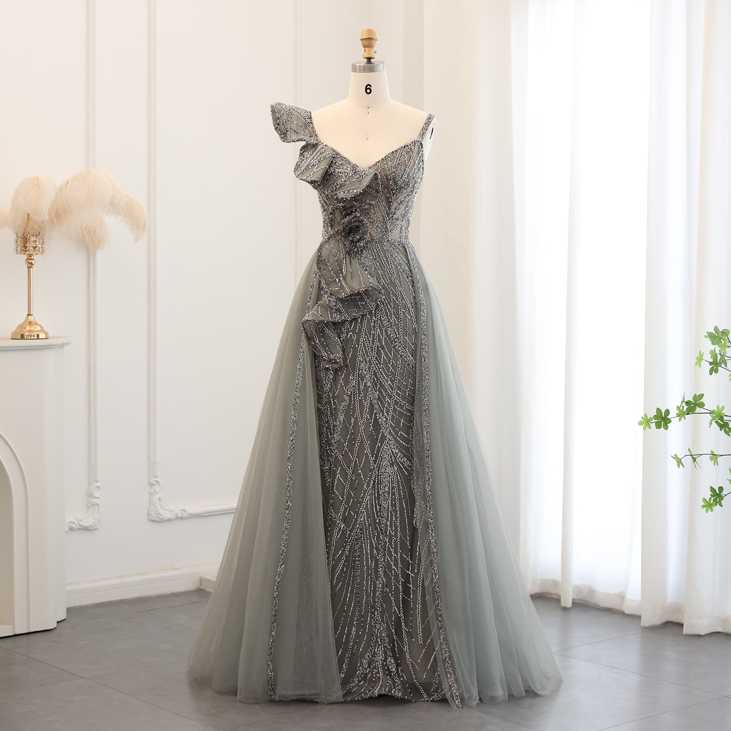 Elegant Spaghetti Blue Mermaid Evening Dress with Overskirt SS095  Gray Green / US 20