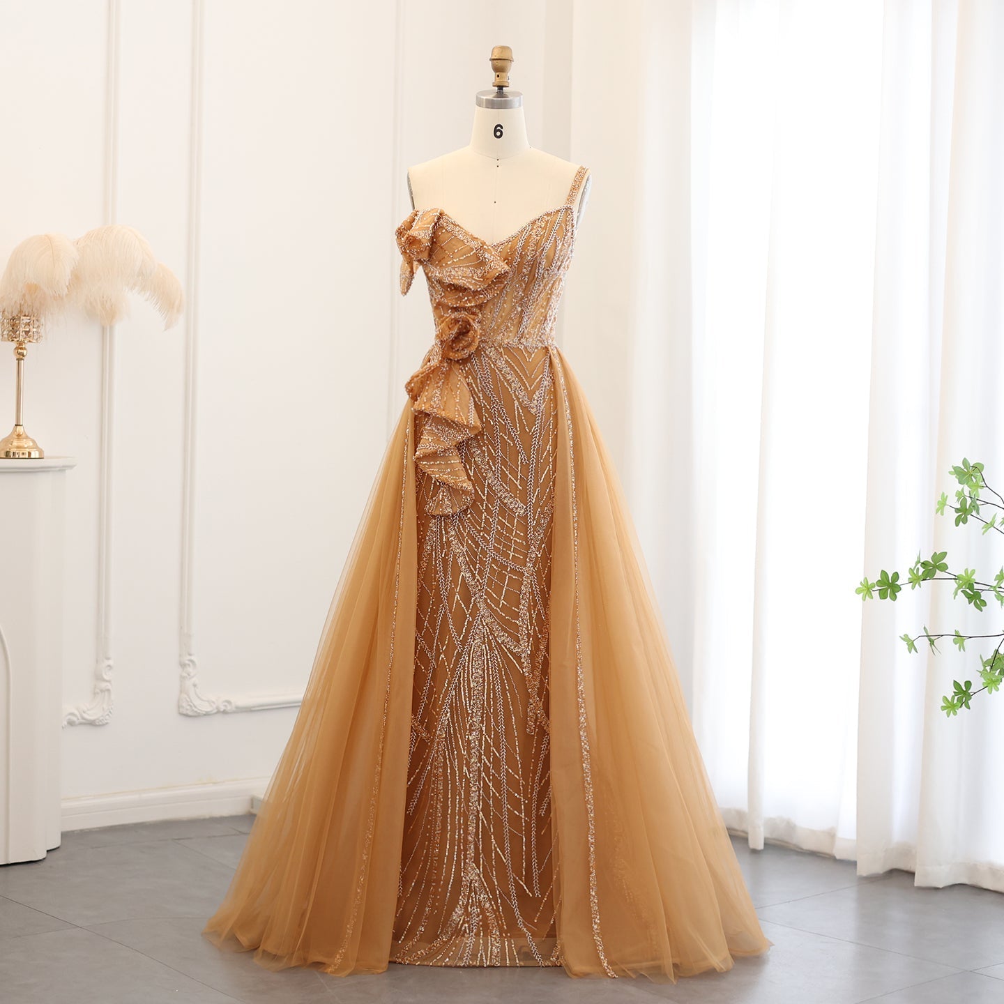 Elegant Spaghetti Blue Mermaid Evening Dress with Overskirt SS095  Gold Yellow / US 20