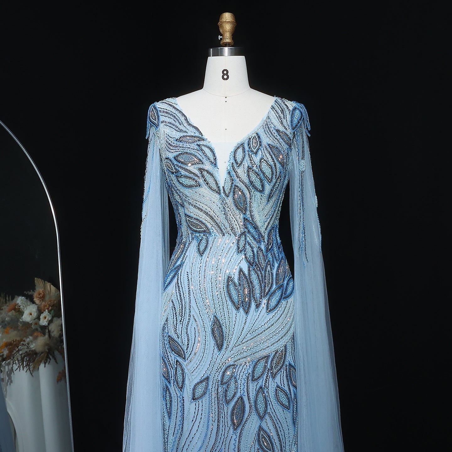 Elegant Beaded Blue Evening Dress with Cape Sleeves SS037