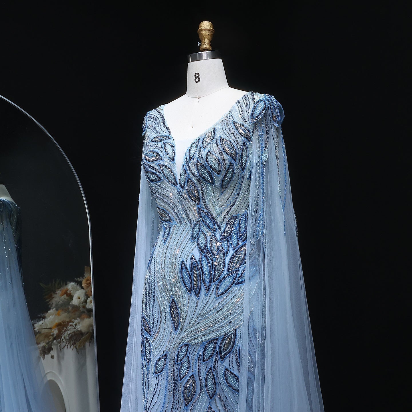Elegant Beaded Blue Evening Dress with Cape Sleeves SS037