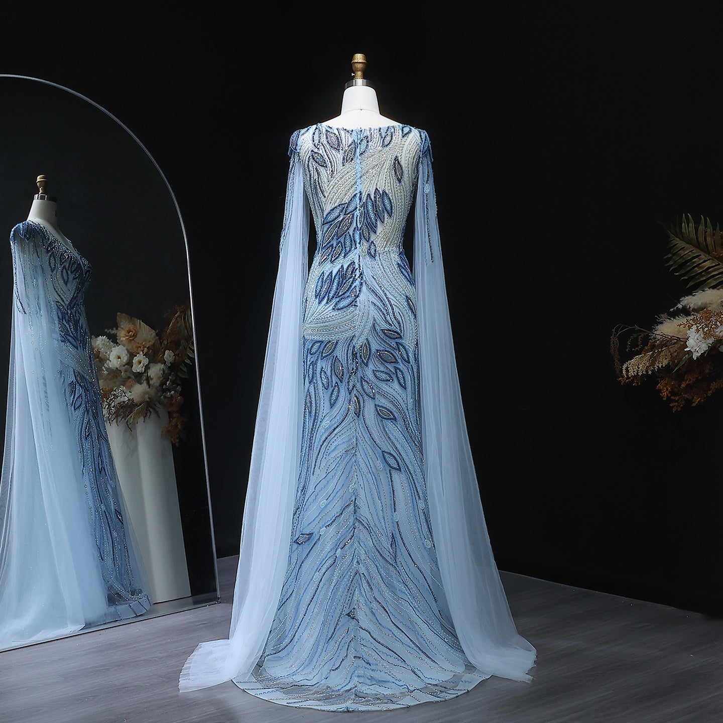 Elegant Beaded Blue Evening Dress with Cape Sleeves SS037