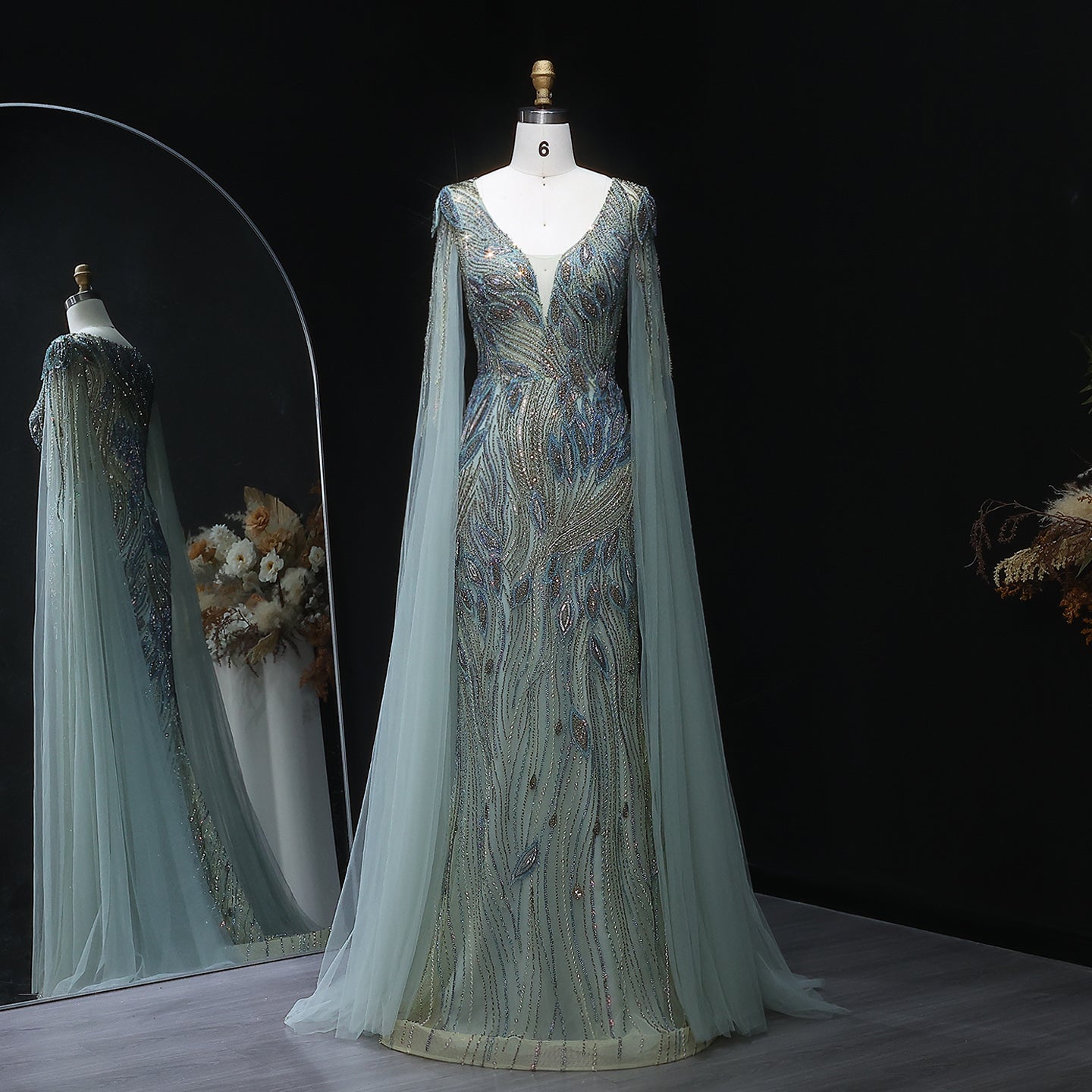 Elegant Beaded Blue Evening Dress with Cape Sleeves SS037  Green / US 20