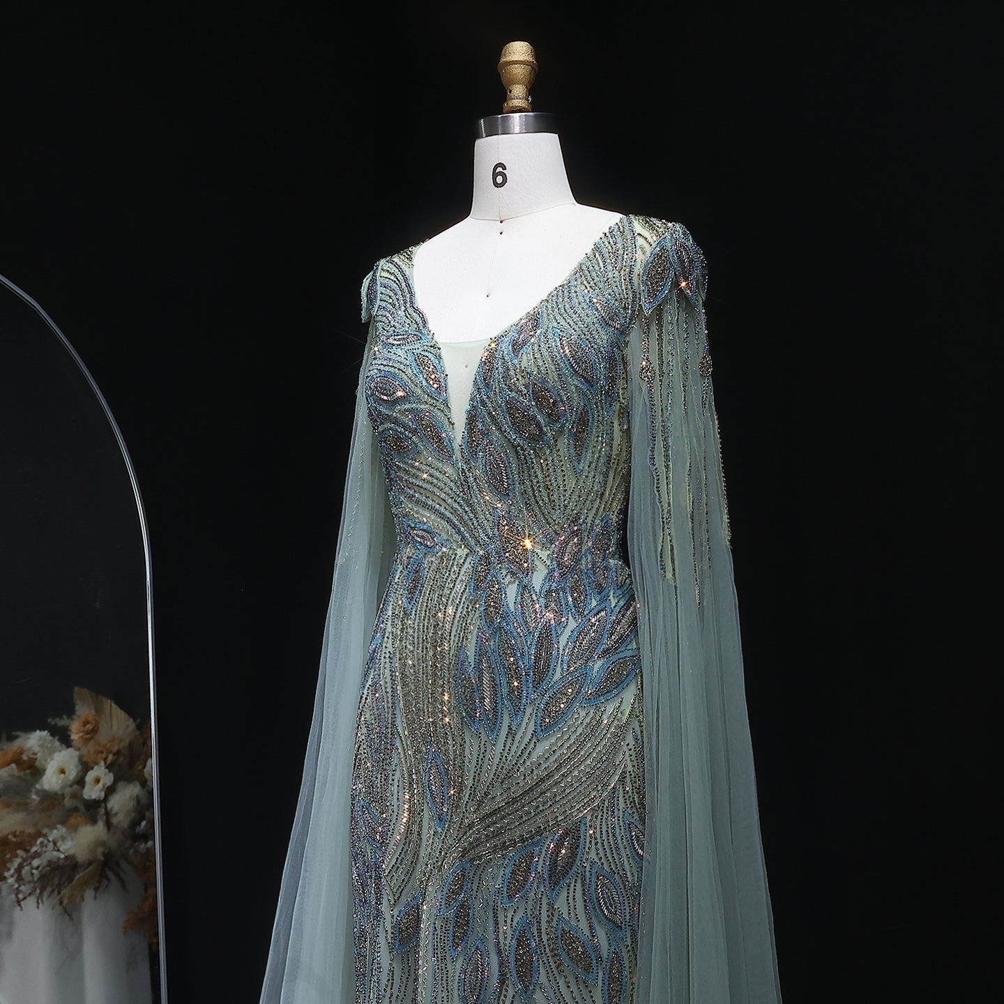 Elegant Beaded Blue Evening Dress with Cape Sleeves SS037