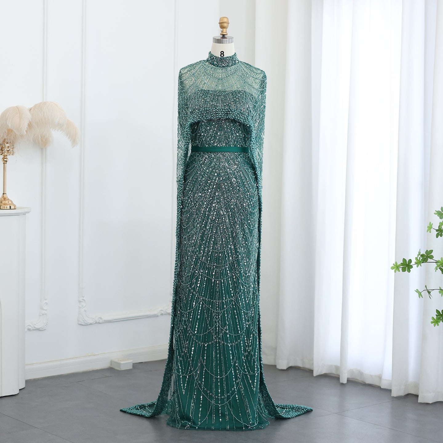 Luxury Pearls Champagne Evening Dress with Cape SS369  Emerald green / US 20