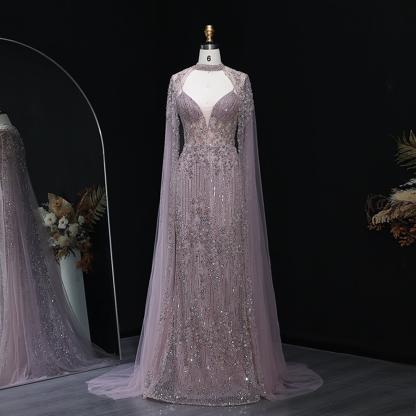 Sparkling Pink Evening Dress with Cape Sleeves SS142  Pink / US 20