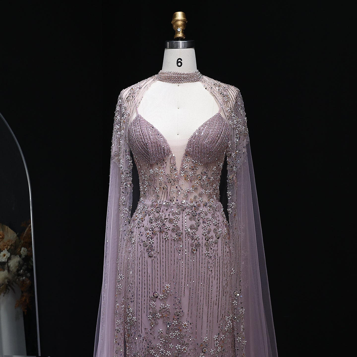 Sparkling Pink Evening Dress with Cape Sleeves SS142