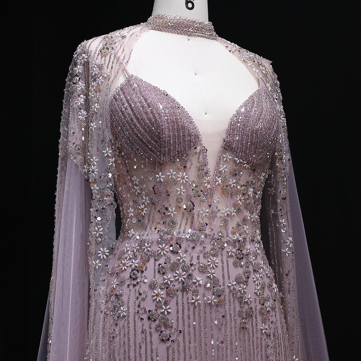 Sparkling Pink Evening Dress with Cape Sleeves SS142