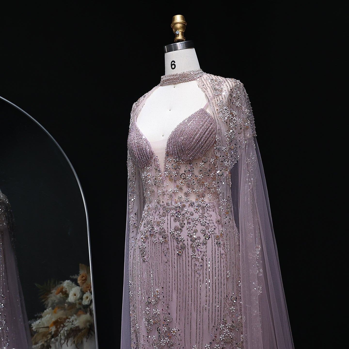 Sparkling Pink Evening Dress with Cape Sleeves SS142