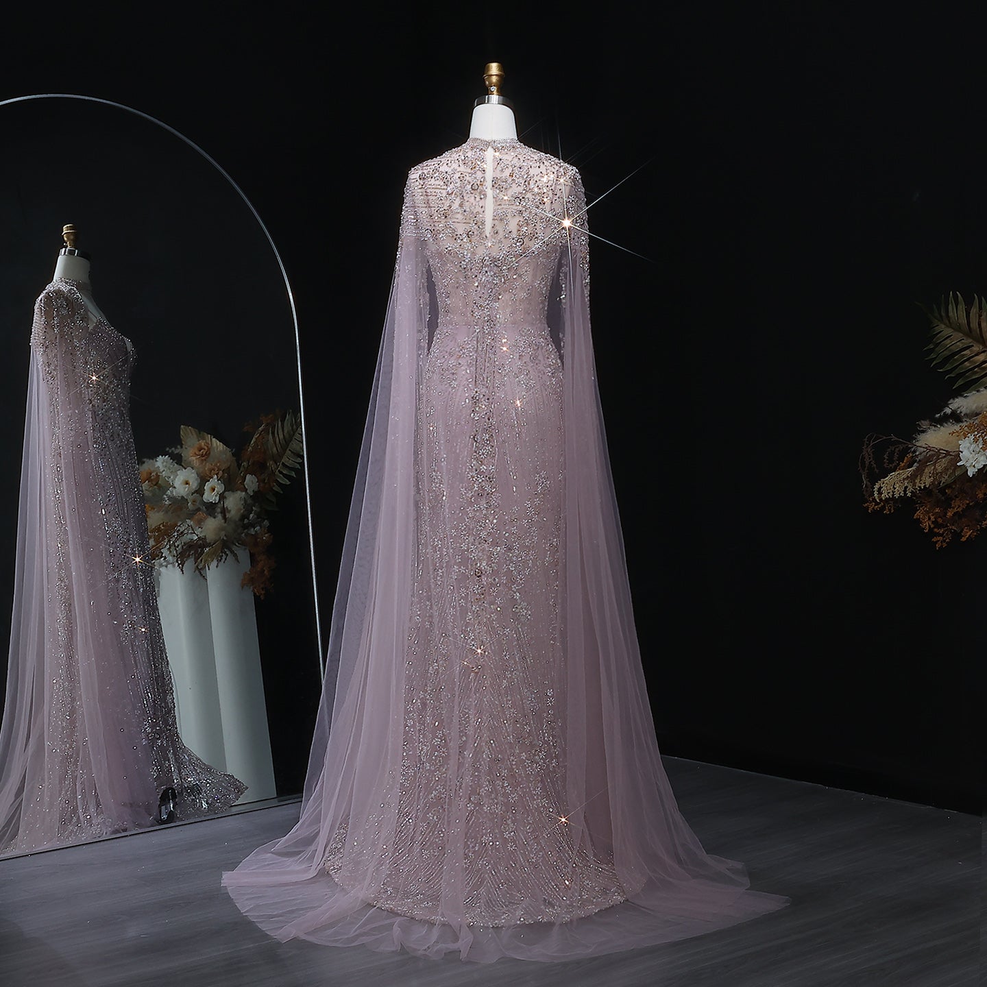 Sparkling Pink Evening Dress with Cape Sleeves SS142