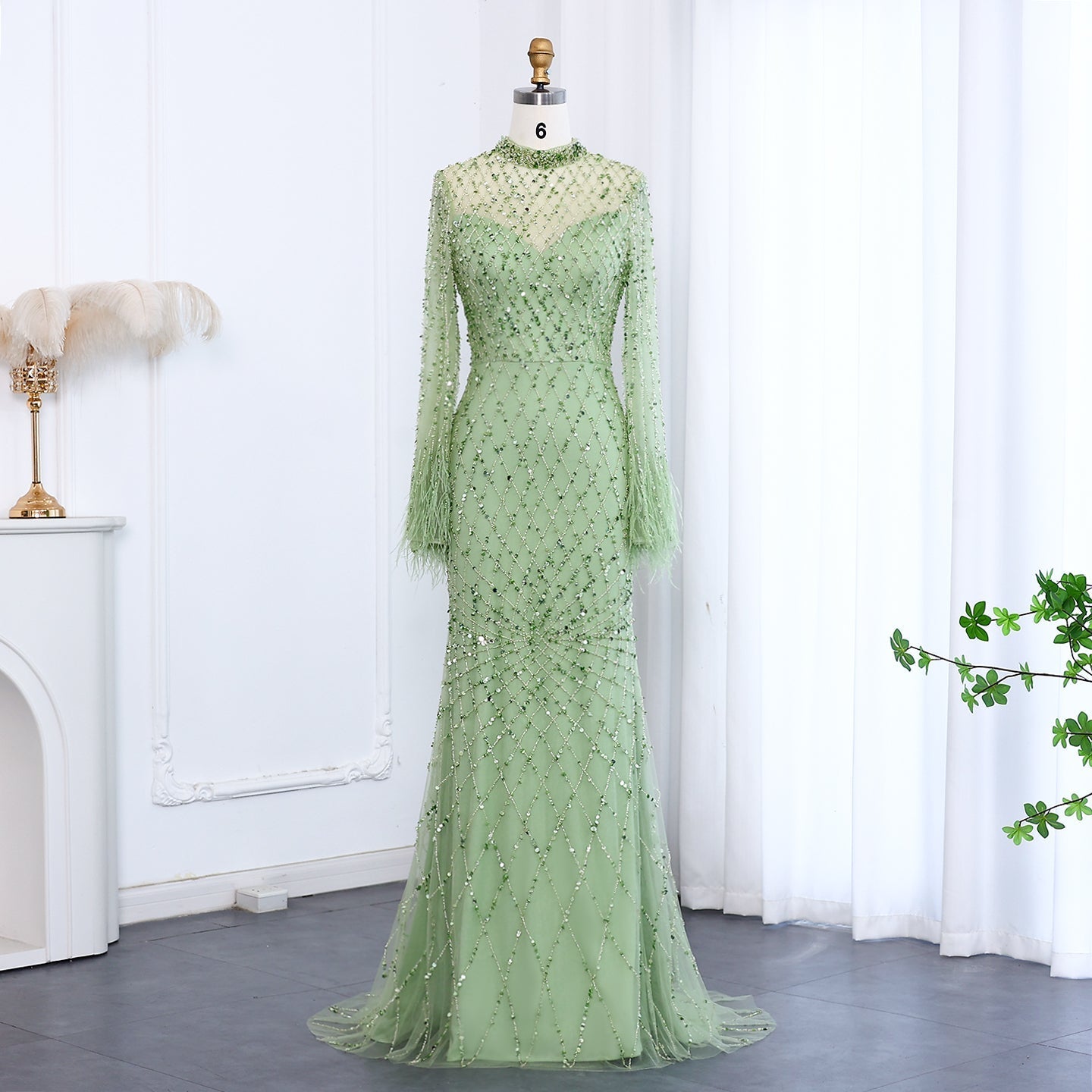 Luxury Feathers Long Sleeves High Neck Evening Dress SS144  Sage Green / US 18