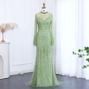 Luxury Feathers Long Sleeves High Neck Evening Dress SS144  Sage Green / US 18