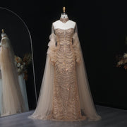 Luxury Beading Tassel Evening Dress with Cape Sleeves SS535  Champagne / US 16