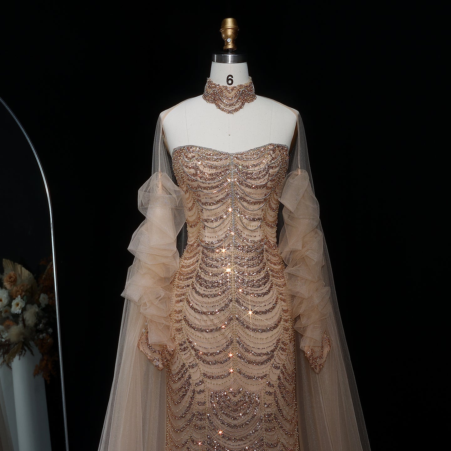 Luxury Beading Tassel Evening Dress with Cape Sleeves SS535