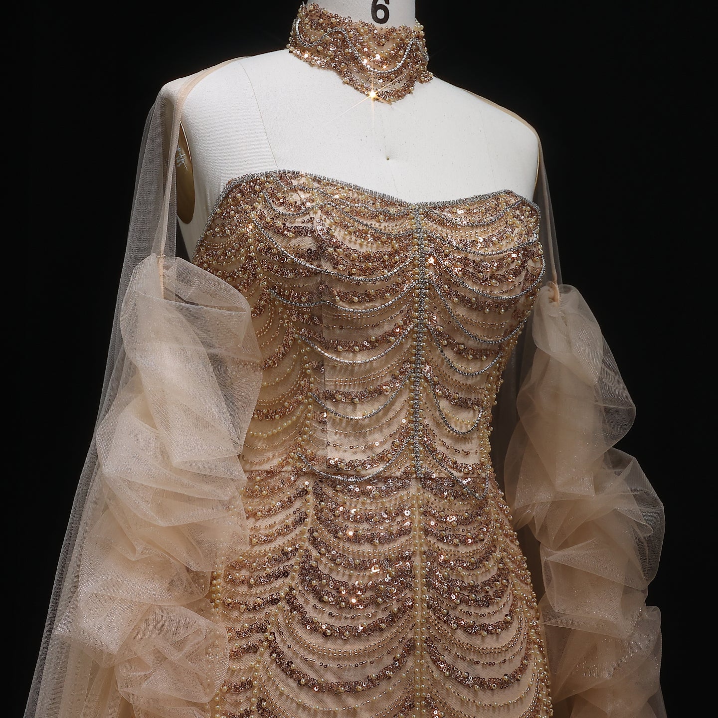 Luxury Beading Tassel Evening Dress with Cape Sleeves SS535