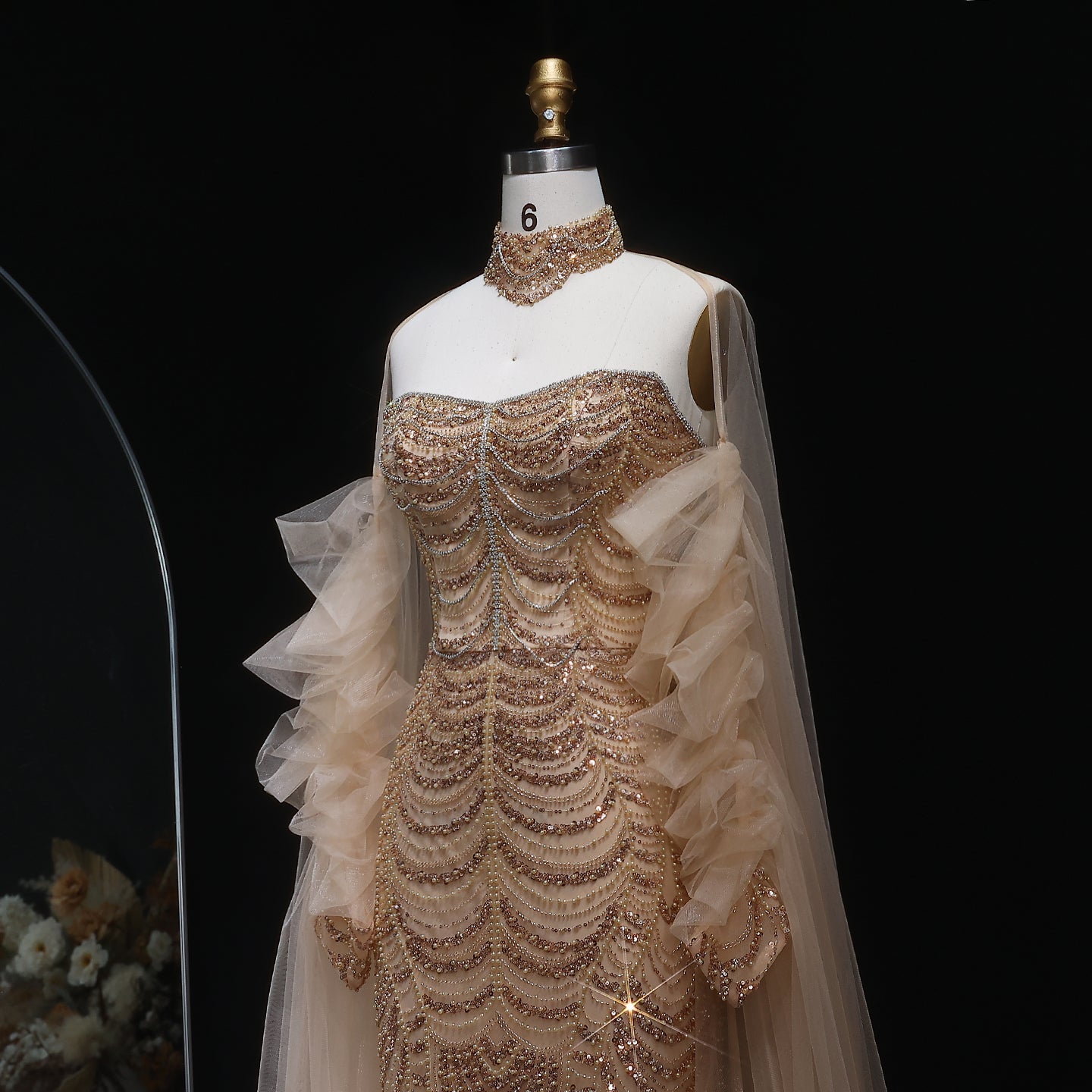 Luxury Beading Tassel Evening Dress with Cape Sleeves SS535