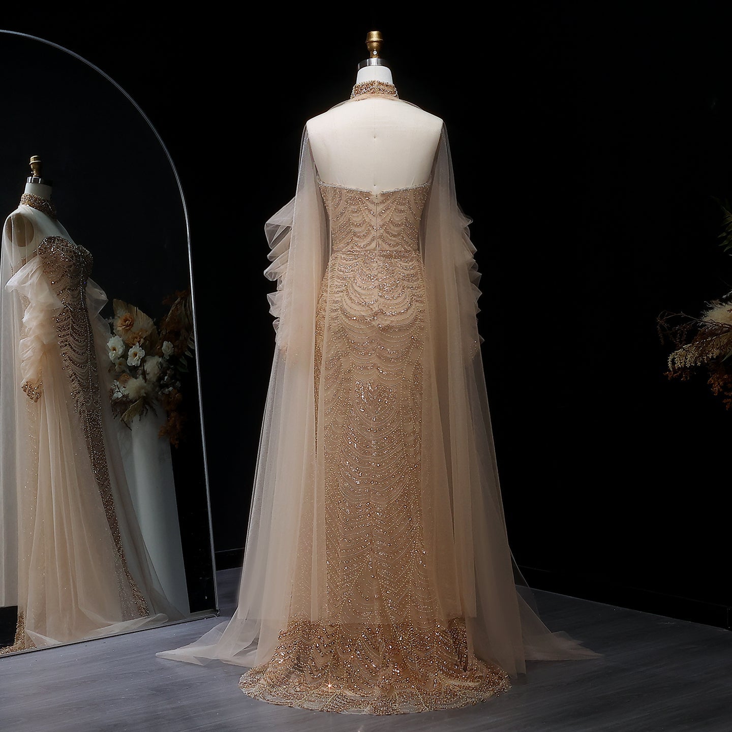 Luxury Beading Tassel Evening Dress with Cape Sleeves SS535