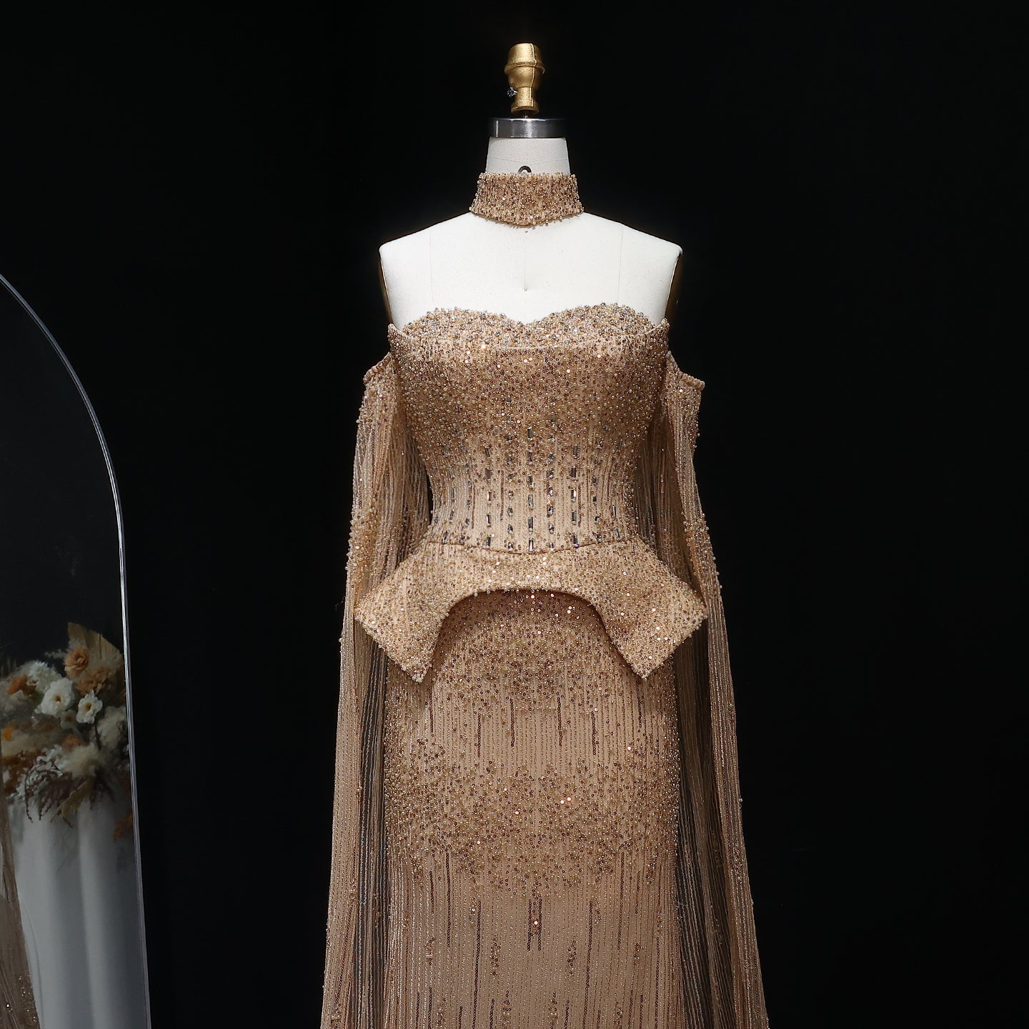 Stunning Gold Crystal Off Shoulder Evening Dress with Cape Sleeves SS558