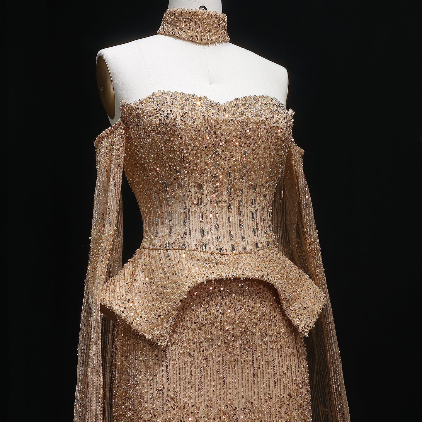 Stunning Gold Crystal Off Shoulder Evening Dress with Cape Sleeves SS558