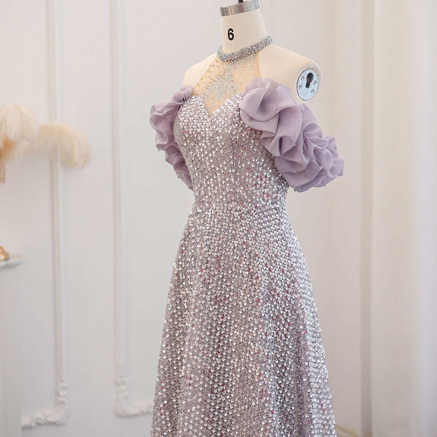 Sparkly Sequin Off Shoulder Pink Halter Evening Dress SS715