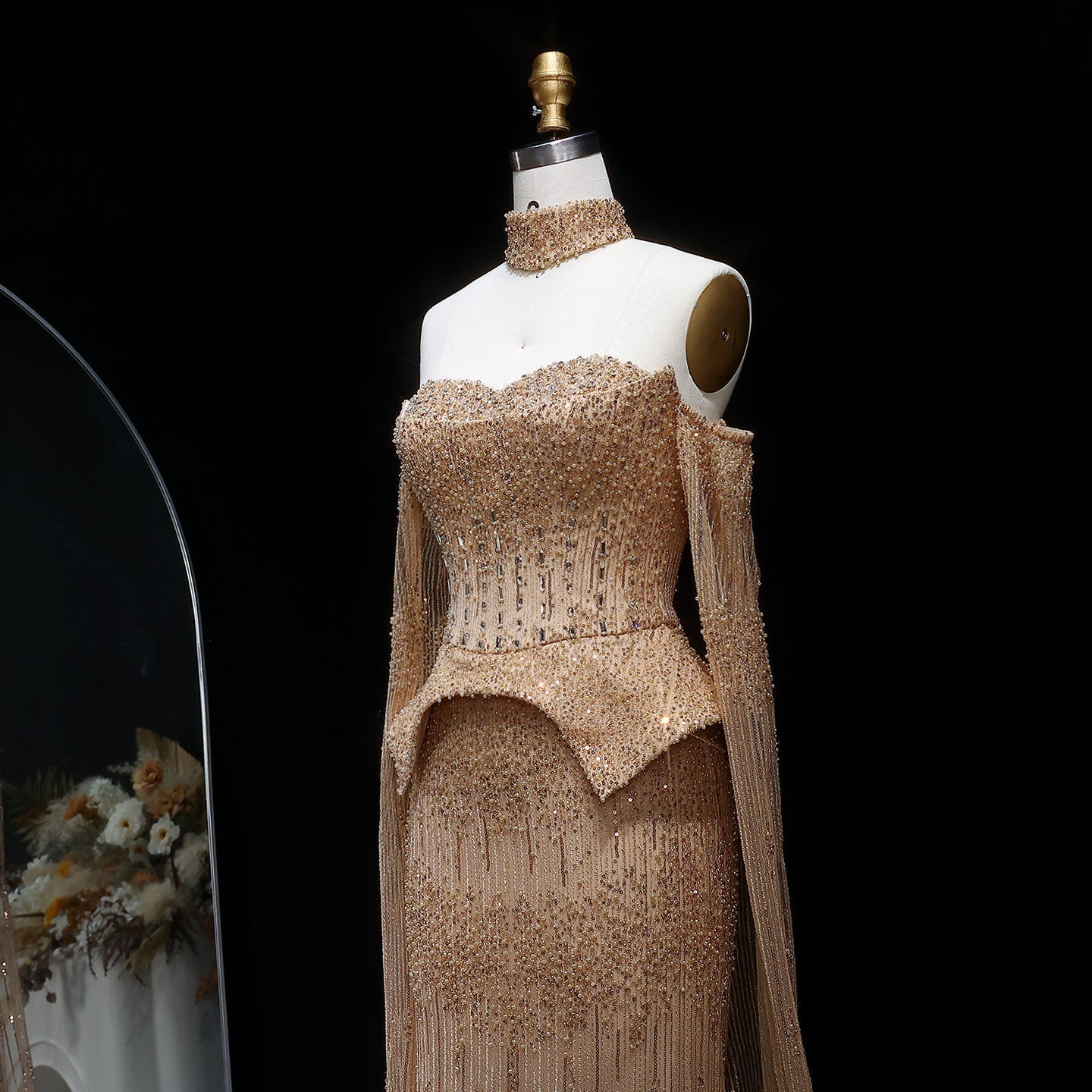 Stunning Gold Crystal Off Shoulder Evening Dress with Cape Sleeves SS558