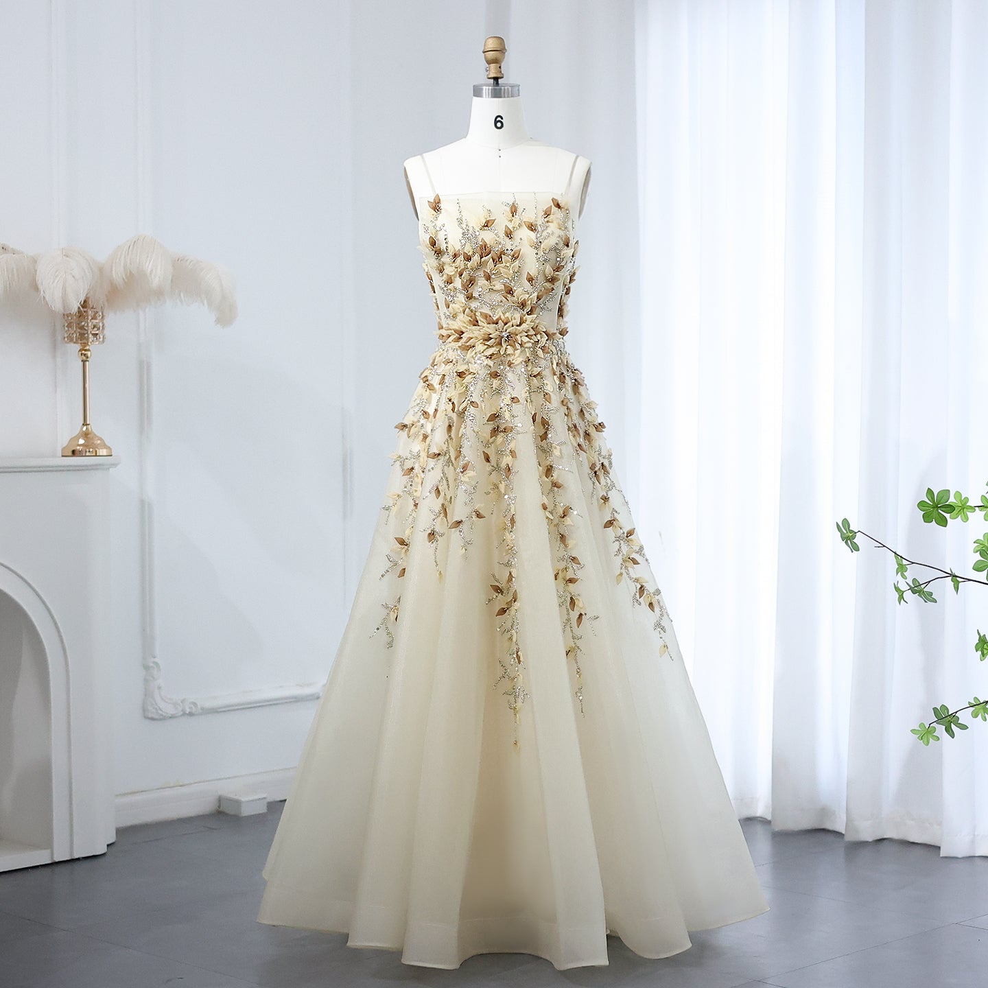 Luxury Beige Evening Dress with 3D Floral Embroidery SS362  Beige / US 16