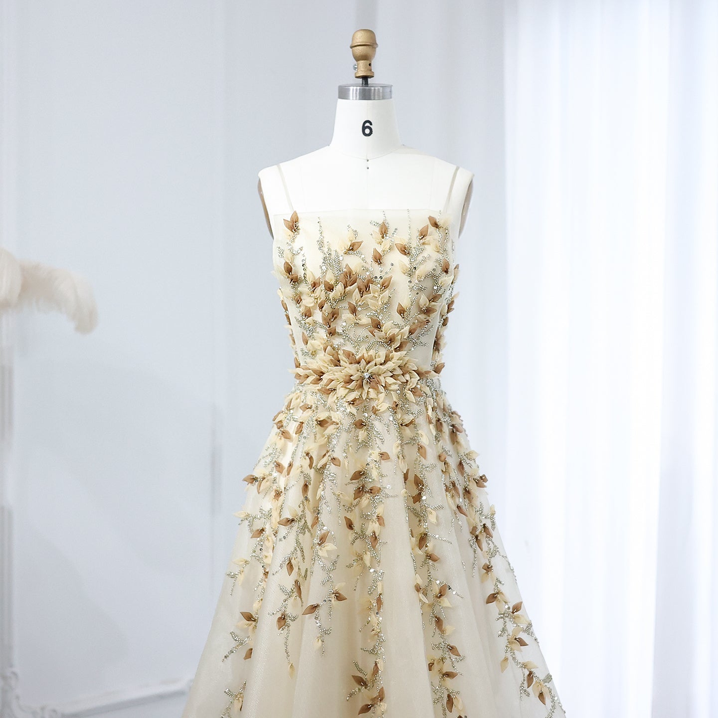 Luxury Beige Evening Dress with 3D Floral Embroidery SS362
