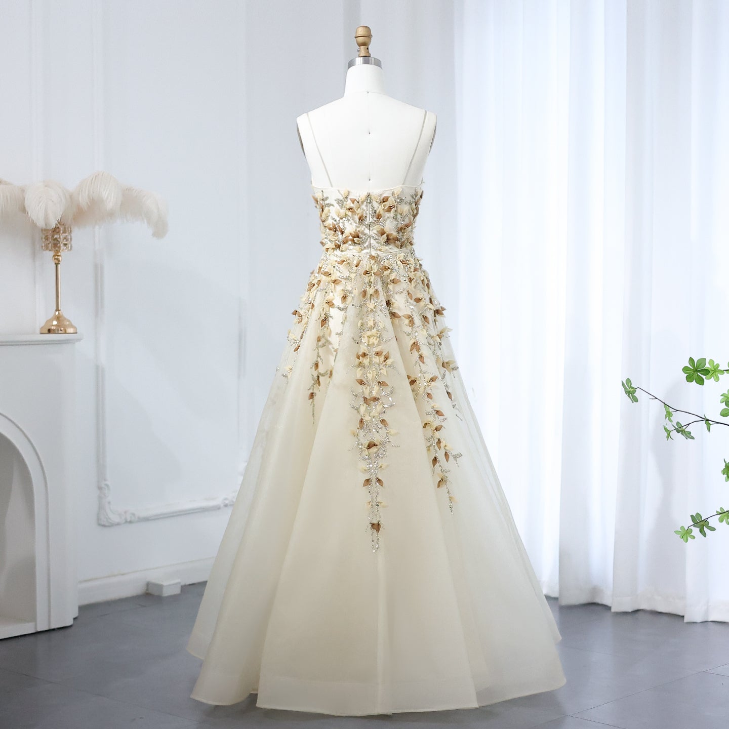 Luxury Beige Evening Dress with 3D Floral Embroidery SS362