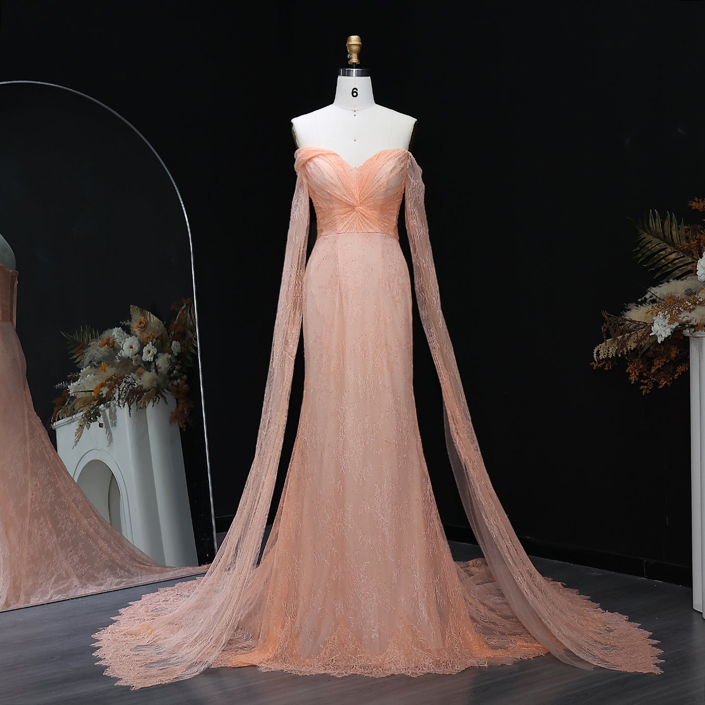 Purple Lace Mermaid Evening Dress with Cape Sleeves SF055  Peach / US 16