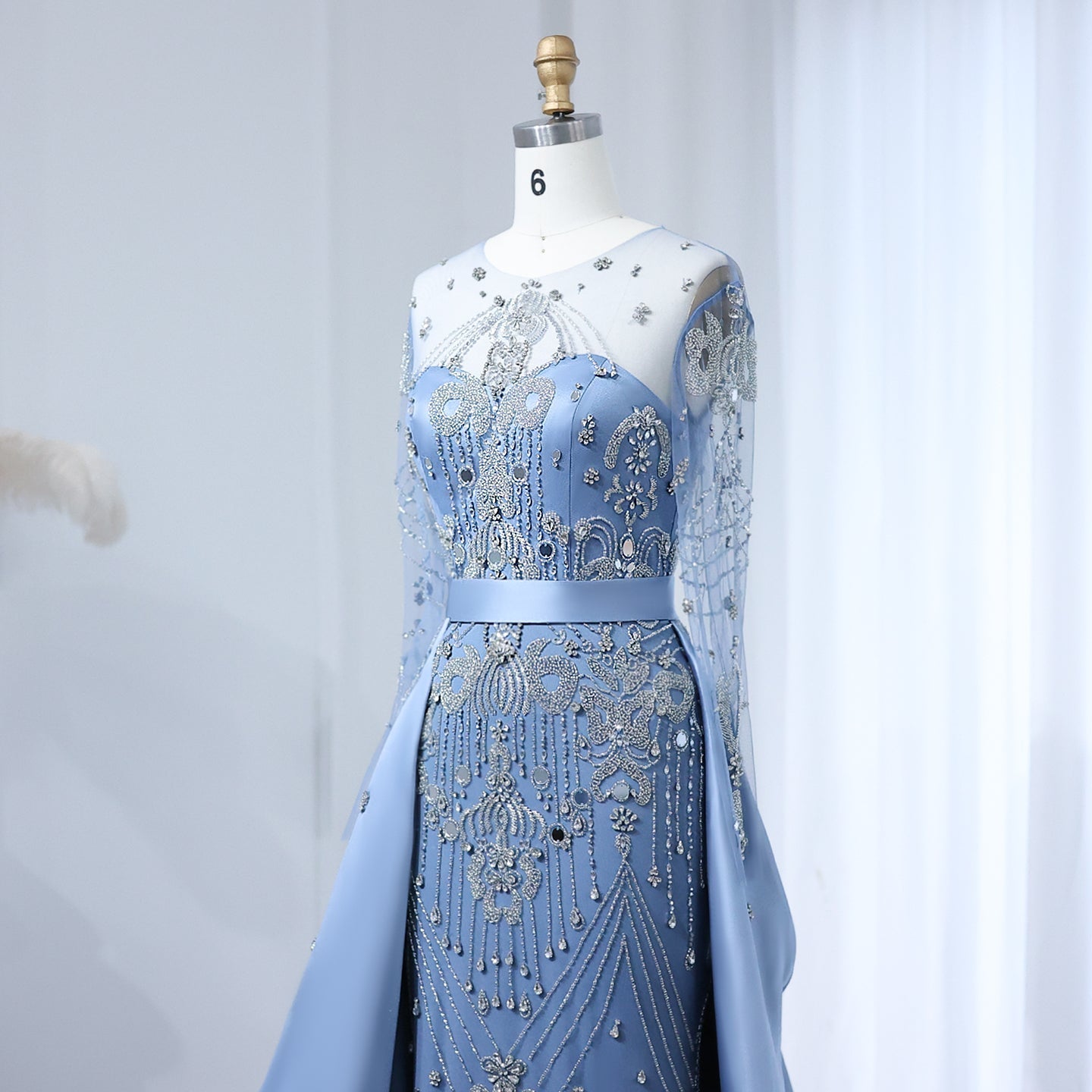 Luxury Beaded Blue Long Sleeves Evening Dress with Overskirt SS324