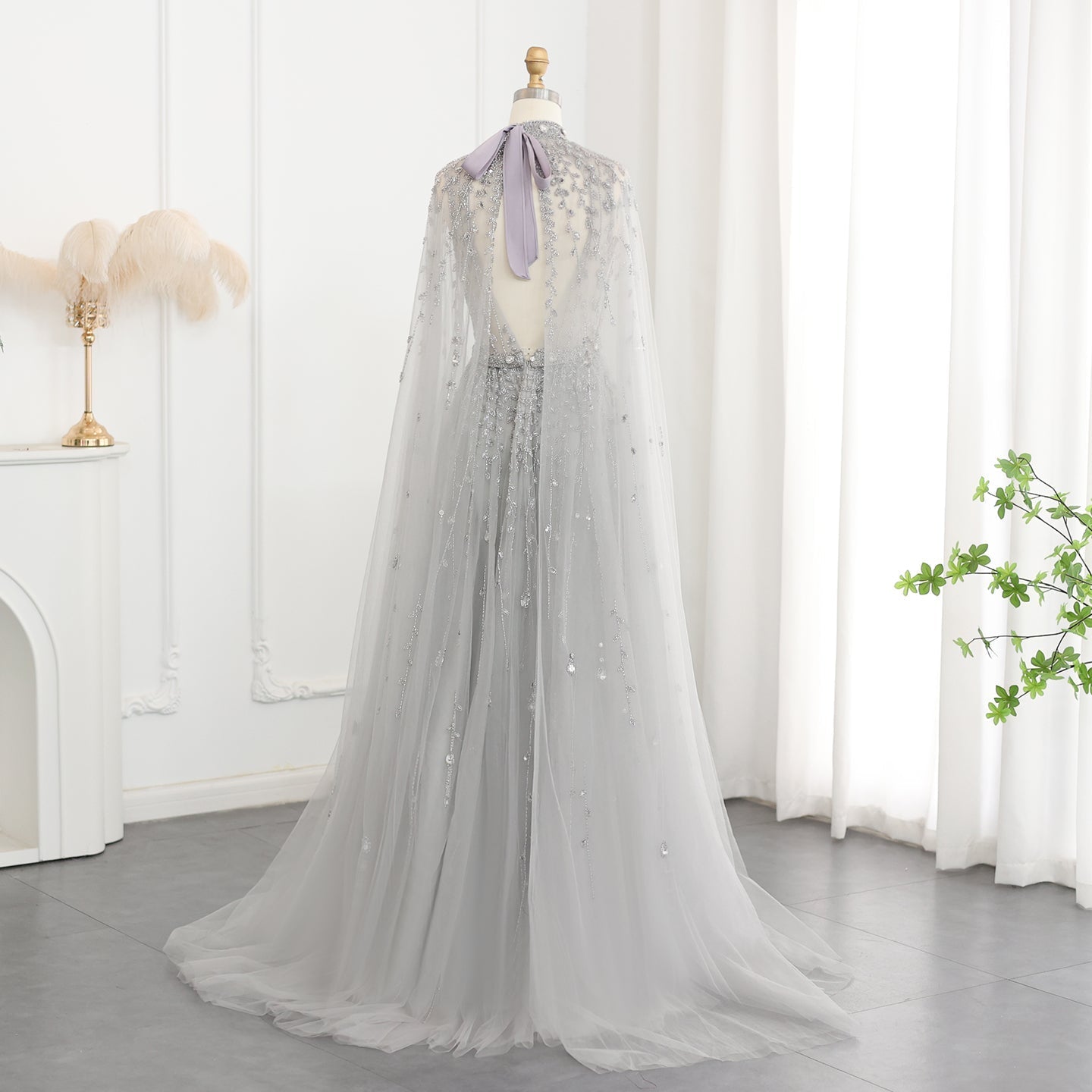 Luxury Beaded Evening Dress with Cape Sleeve SS495