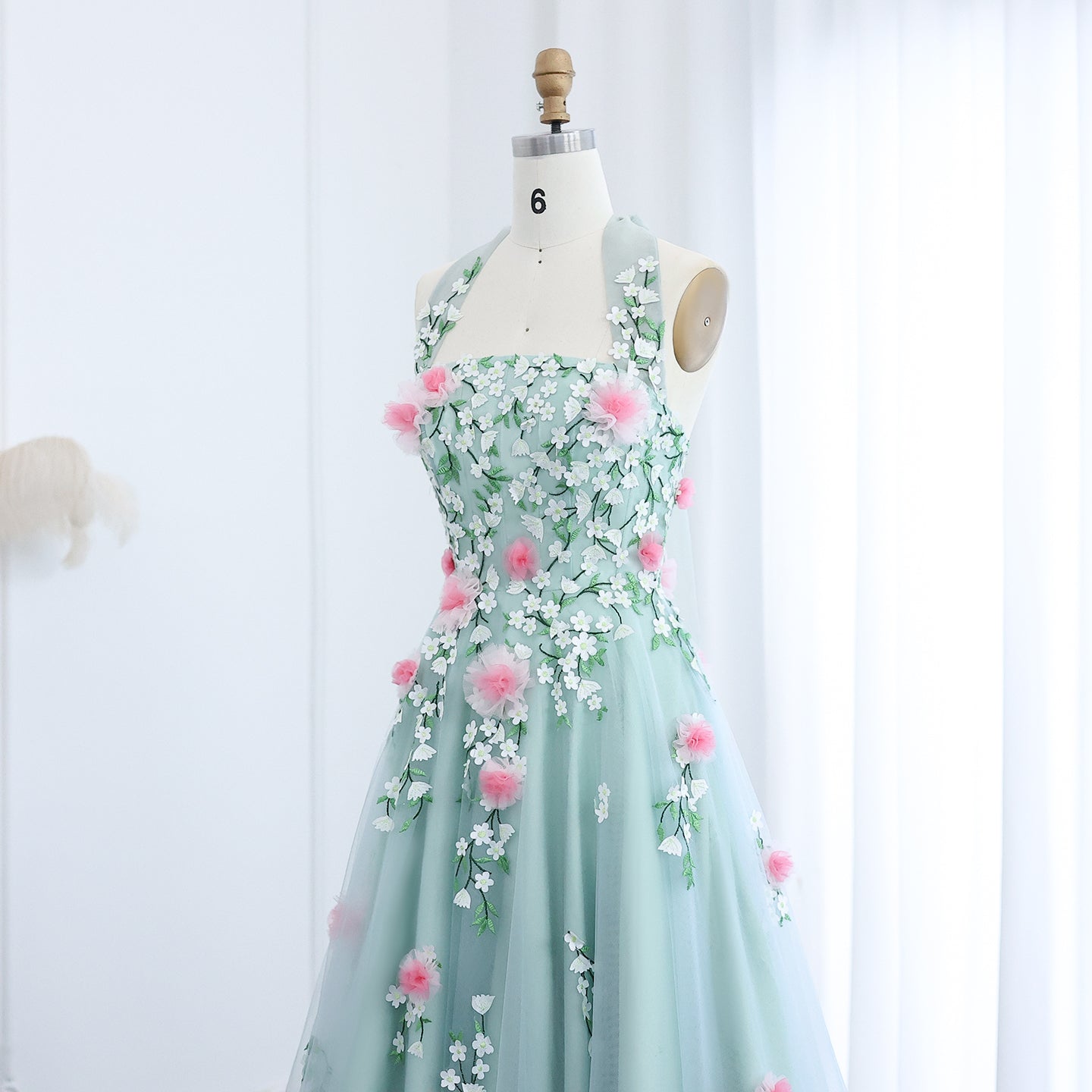 Chic 3D Flowers Halter Aqua Evening Dress SF299